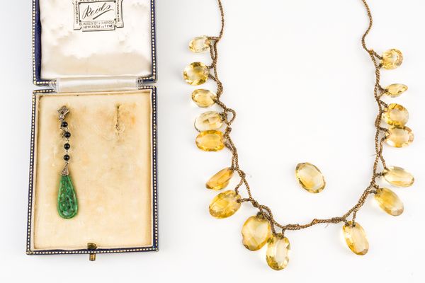 ONE JADE AND DIAMOND EARRING AND A CITRINE NECKLACE (2)