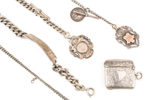 THREE SILVER WATCH ALBERTS AND TWO FURTHER ITEMS (5)