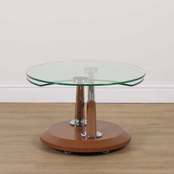 A MODERN CHROME AND GLASS METAMORPHIC DUEL CIRCULAR COFFEE TABLE