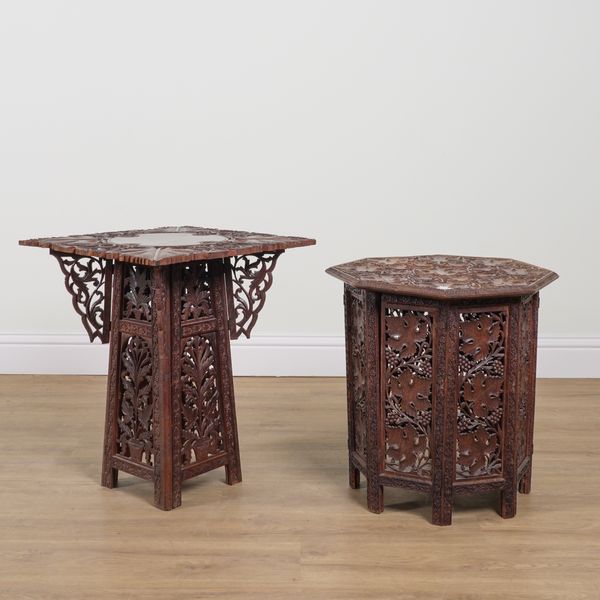 AN EDWARDIAN CARVED OAK OCTAGONAL FOLDING OCCASSIONAL TABLE (2)