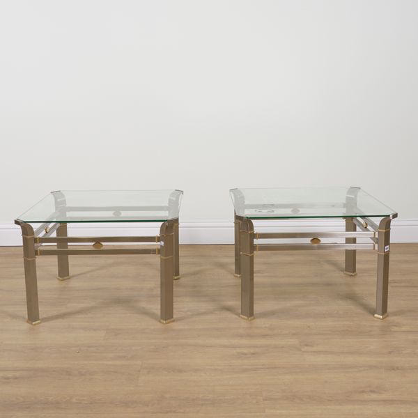 A PAIR OF MODERN CHROME AND GLASS SIDE TABLES (2)