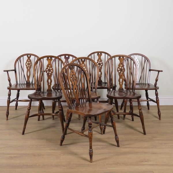 A PAIR OF STAINED BEECH AND ELM WHEEL BACK WINDSOR ARMCHAIRS (8)