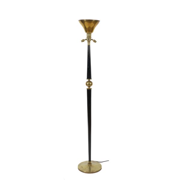 AN ITALIAN EBONISED AND LACQUERED BRASS FLOOR STANDING UPLIGHT