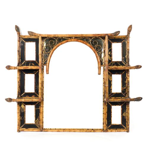 A 19TH CENTURY BAMBOO LACQUERED SHELF BACK MIRROR