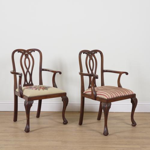 A PAIR OF LATE 19TH CENTURY MAHOGANY FRAMED OPEN ARM CARVER CHAIRS (2)