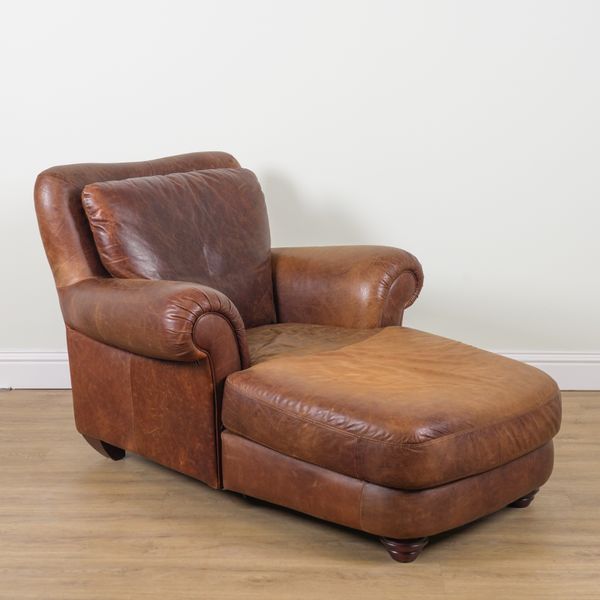 A 20TH CENTURY TAN LEATHER UPHOLSTERED EASY ARMCHAIR