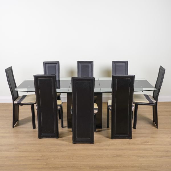 ACTONA DENMARK; A SMOKED GLASS TAPERING RECTANGULAR EXTENDING DINING TABLE (9)