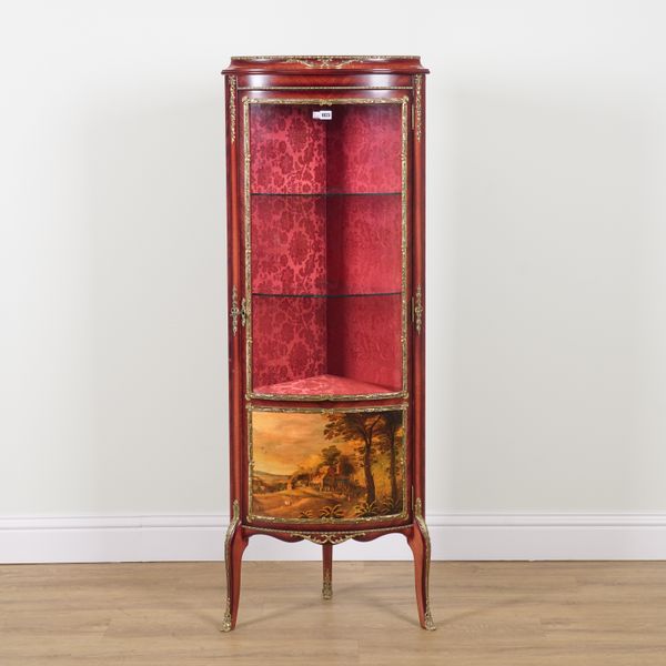 A GILT METAL MOUNTED MAHOGANY CORNER DISPLAY CABINET