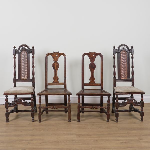 A PAIR OF WILLIAM AND MARY WALNUT FRAMED CANE HIGH BACK SIDE CHAIRS (4)