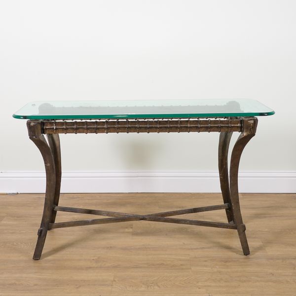 A FAUX BRONZE PAINTED METAL GLASS TOPPED CONSOLE TABLE