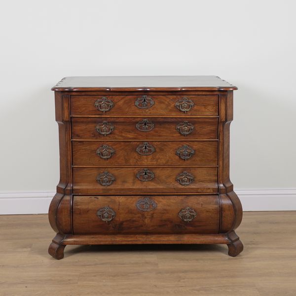 AN 18TH CENTURY DUTCH WALNUT BOMBE FIVE DRAWER CHEST