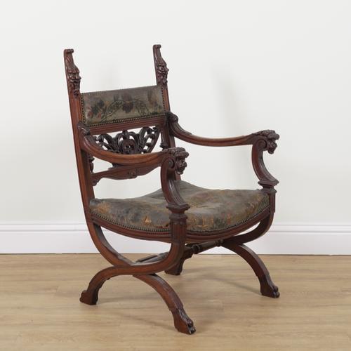 A 19TH CENTURY CONTINENTAL WALNUT PAINTED LEATHER OPEN ARMCHAIR