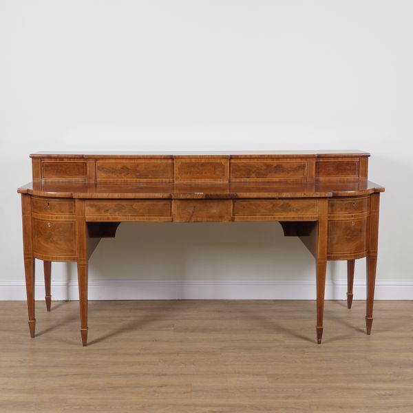 A LARGE GEORGE III INLAID MAHOGANY BOWFRONT SIDEBOARD