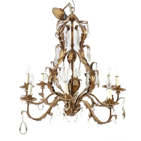 A FRENCH GILT TOLE-PEINTE EIGHT LIGHT CARTOUCHE SHAPED CHANDELIER