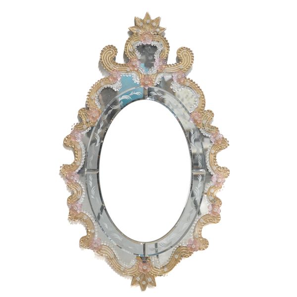 A 20TH CENTURY ETCHED AND COLOURED GLASS VENETIAN WALL MIRROR