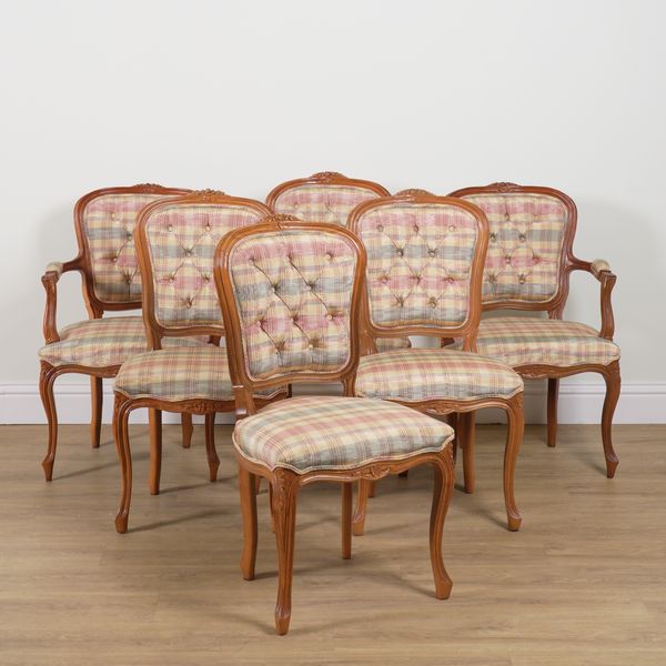 A SET OF SIX LOUIS XV STYLE STAINED BEECH DINING CHAIRS (6)