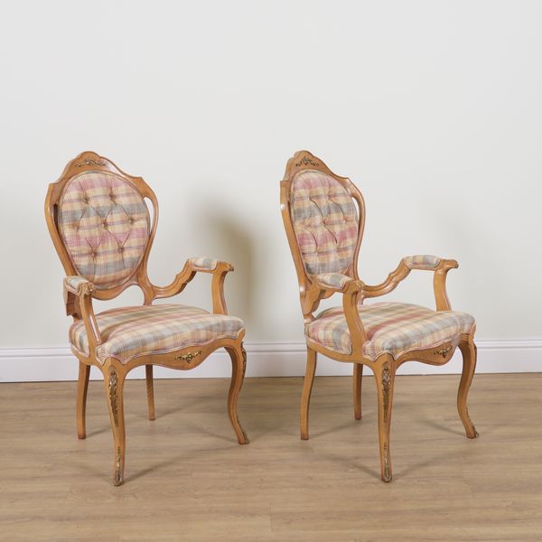 A PAIR OF LOUIS XV STYLE GILT METAL MOUNTED STAINED BEECH SHIELD BACK OPEN ARMCHAIRS (2)