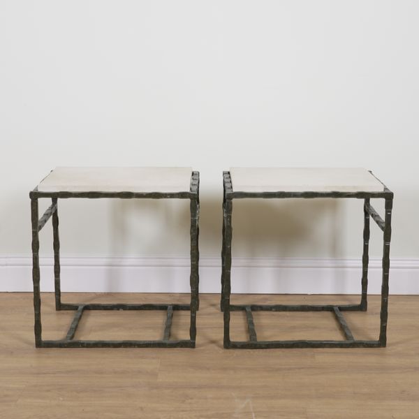 PORTA ROMANA GIACOMETTI; A PAIR OF BRONZE FAUX PAINTED STONE SIDE TABLES (2)