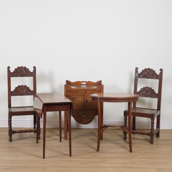 A GEORGE III MAHOGANY TRAY TOP NIGHT COMMODE, AN INLAID MAHOGANY DROP FLAP TABLE, AN OVAL TABLE AND A PAIR OF CHARLES II STYLE CARVED OAK ARCH BACK SIDE CHAIRS, (5)