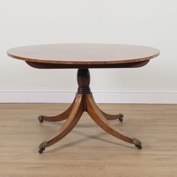 A GEORGE III SATINWOOD BANDED ROSEWOOD CIRCULAR SNAP TOP CENTRE TABLE