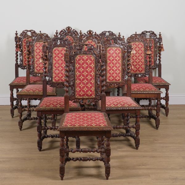 A MATCHED SET OF TEN VICTORIAN OAK FRAMED HIGHBACK DINING CHAIRS (10)