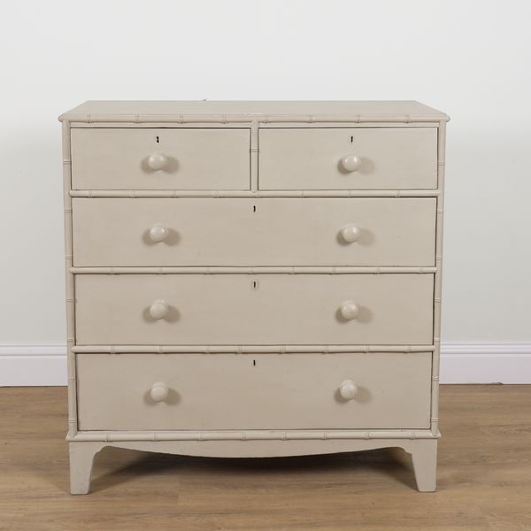 A 19TH CENTURY GREY PAINTED FIVE DRAWER CHEST