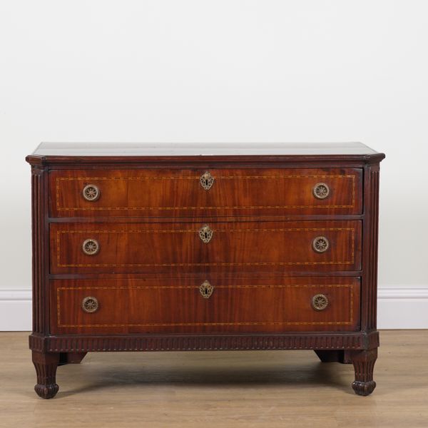 A 19TH CENTURY AND LATER CONTINENTAL MAHOGANY THREE DRAWER CHEST