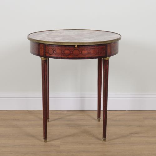 A LOUIS XVI STYLE MARQUETRY INLAID CIRCULAR INSET MARBLE CENTRE TABLE