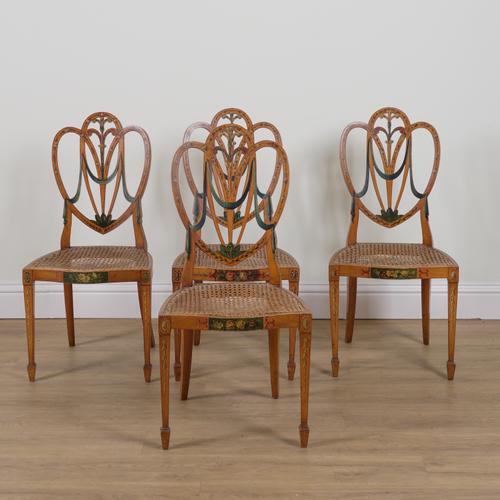A SET OF FOUR EDWARDIAN POLYCHROME PAINTED SATINWOOD NEOCLASSICAL REVIVAL SIDE CHAIRS (4)