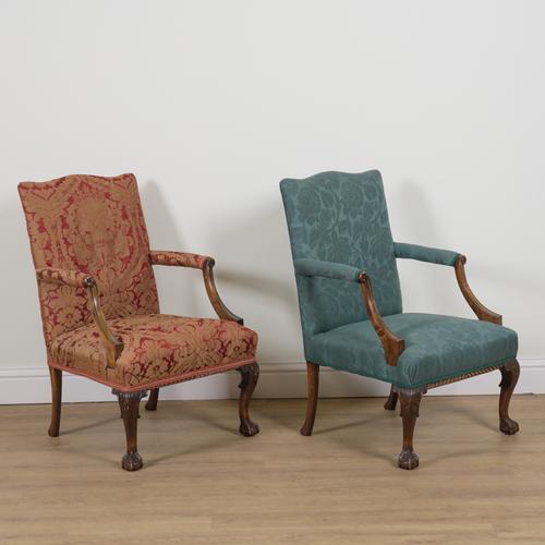 A PAIR OF GEORGE III STYLE MAHOGANY FRAMED GAINSBOROUGH ARMCHAIRS (2)