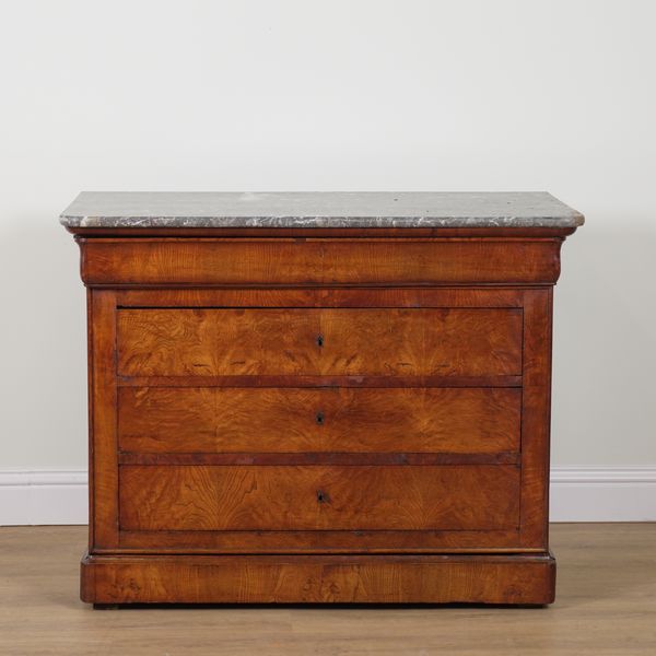 A 19TH CENTURY FRENCH MARBLE TOPPED FOUR DRAWER COMMODE