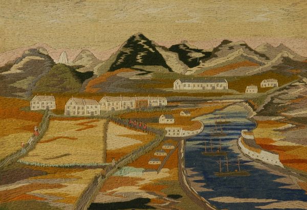 A VICTORIAN SAILOR'S WOOLWORK PICTURE OF A HARBOUR WITH SHIPS AND POSSIBLY A WHALING STATION