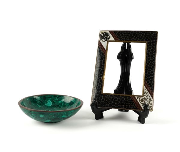 A MALACHITE BOWL AND IMPERIAL CHAMPLEVE ENAMEL FRAME (2)