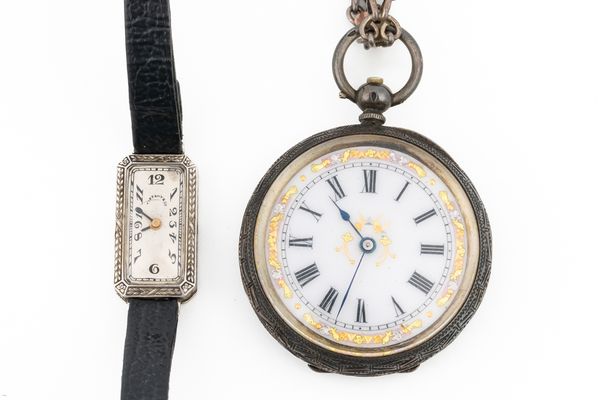 A PLATINUM RECTANGULAR CASED LADY'S WRISTWATCH AND A FOB WATCH AND CHAIN (3)