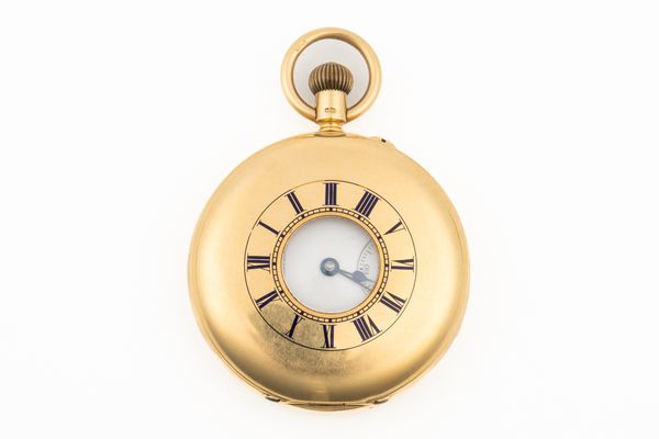 AN 18CT GOLD KEYLESS WIND, HALF HUNTING CASED GENTLEMAN'S POCKET WATCH