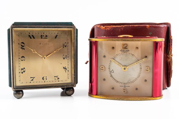 A SILVER AND BLOODSTONE SQUARE CASED TRAVELLING CLOCK AND ANOTHER CLOCK (2)