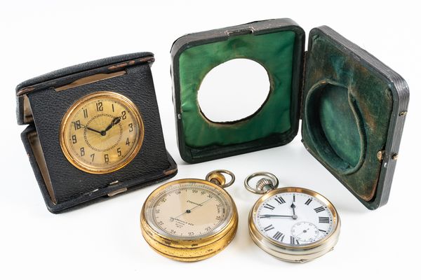 A GILT METAL CASED TRAVELLING BAROMETER AND TWO FURTHER ITEMS (3)