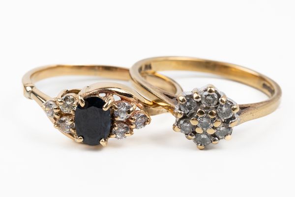 TWO GOLD, DIAMOND AND GEMSTONE RINGS (2)