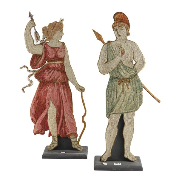 TWO EMBROIDERED THREAD FRET CUT COMPANION FIGURES OF THE GODDESS DIANA AND GOD APOLLO (2)