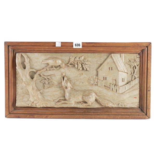 A RELIEF CARVED PANELOR TABLET DEPICTING AN AESOP FABLE ‘THE FOX AND THE CROW’