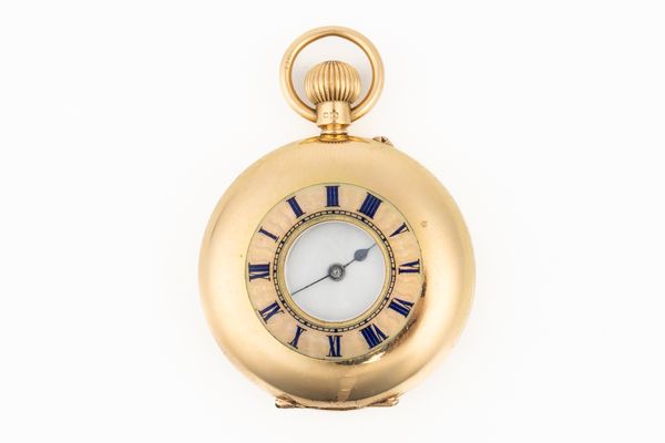 AN 18CT GOLD CASED, KEYLESS WIND, HALF HUNTING CASED FOB WATCH