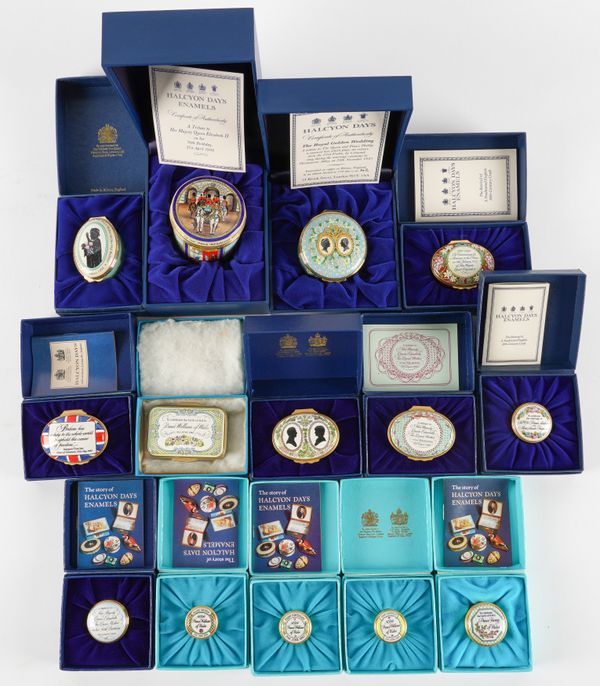 A GROUP OF ENAMEL BOXES OF ROYAL INTEREST, MOSTLY HALYCYON DAYS (35)