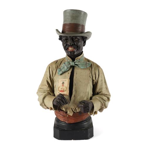 AN AUSTRIAN COLD PAINTED TERRACOTTA BUST OF A GENTLEMAN IN A TOP HAT, POSSIBLY A TOBACCO COUNTER DISPLAY (2)