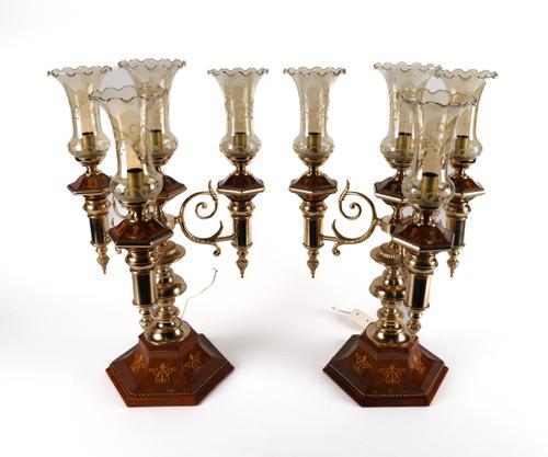 A PAIR OF GILT LACQUERED AND INLAID FOUR-LIGHT CANDELABRA (2)