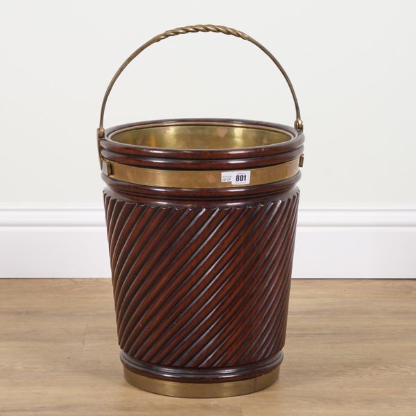 A GEORGE III STYLE BRASS BOUND PEAT BUCKET