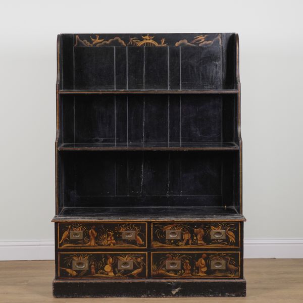 A 19TH CENTURY BLACK LAQUER CHINOSERIE DECORATED WATERFALL BOOKCASE