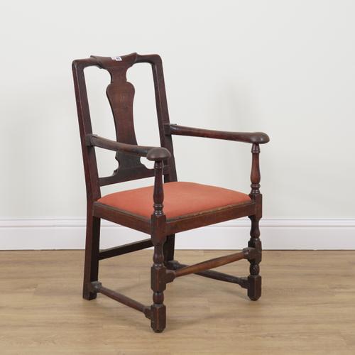 A GEORGE III OAK FRAMED VASE BACK OPEN ARMCHAIR