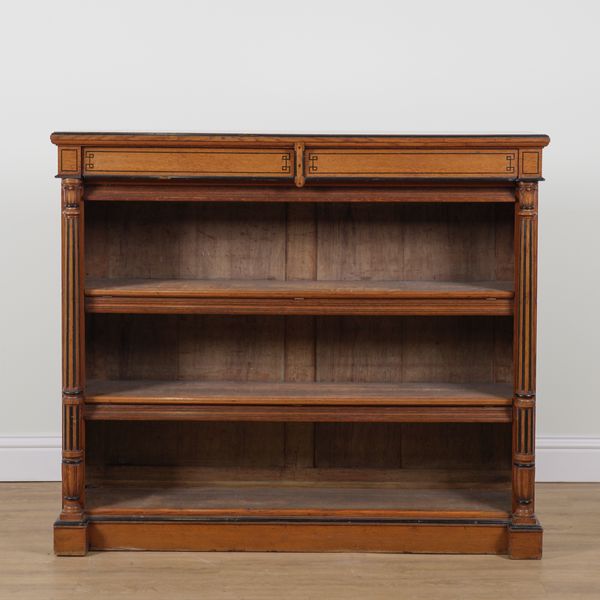 A VICTORIAN OAK EBONISED FLOOR STANDING OPEN BOOKCASE