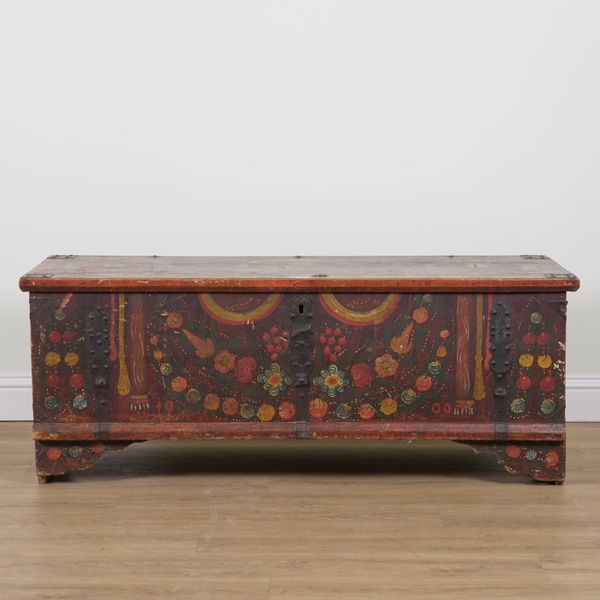 A LATE 19TH CENTURY SWEDISH POLYCHROME PAINTED PINE MARRIAGE CHEST