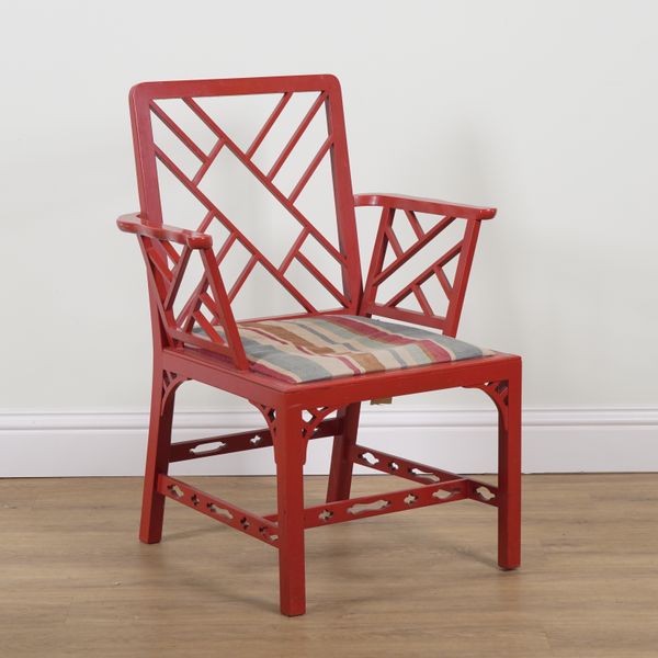 A RED LACQUER COCKPEN BACK OPEN ARMCHAIR